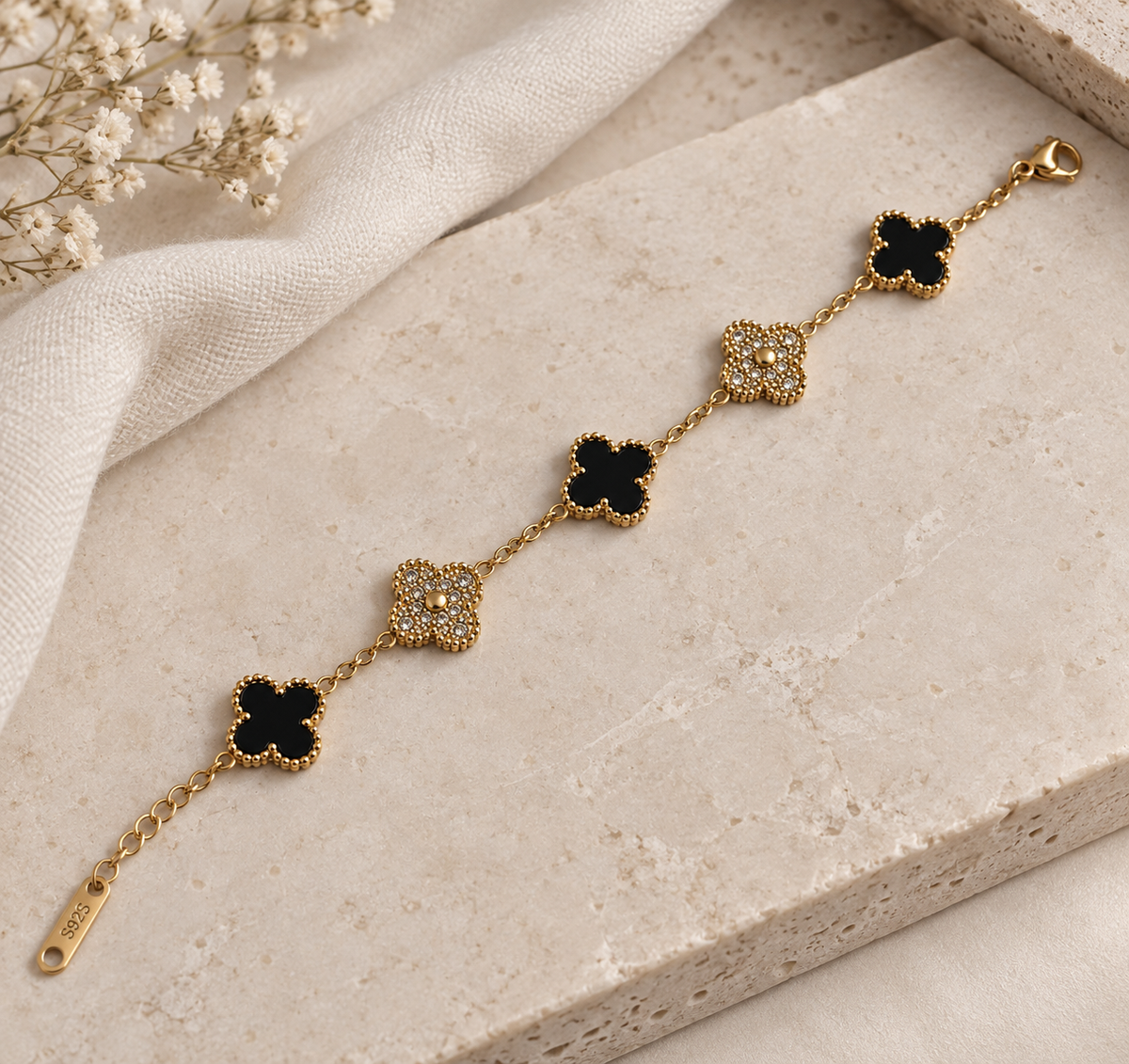Black & Cz Clover Bracelet