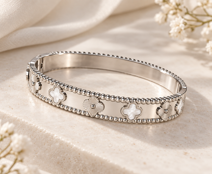Chunky Silver And White Clover Bangle